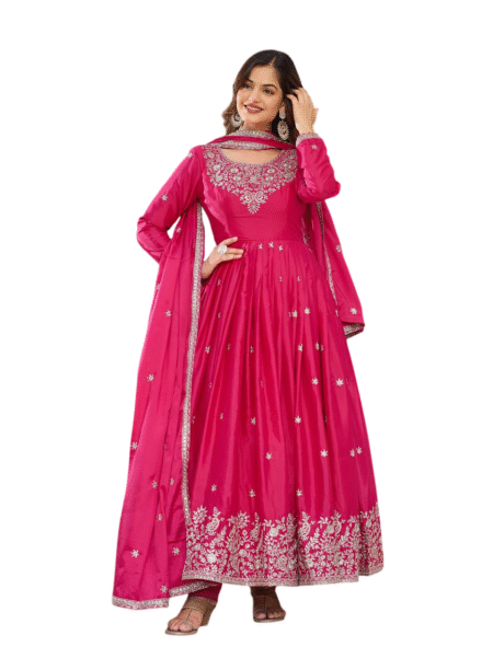 American Silk Sequence Embroidery Long Anarkali Kurti Gown With Dupatta -Pink (L)