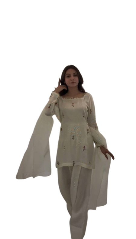 Raw Silk Floral Printed Straight Kurti With Salwar and Dupatta Set For Women -White (M)