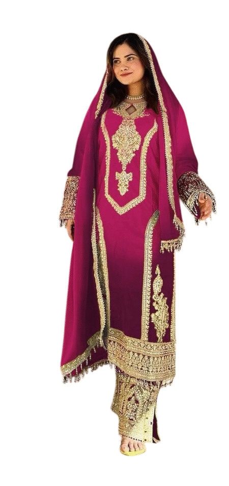 Chinon Silk Embroidery Straight Pakistani Salwar Suit and Dupatta For Women -Pink (L)