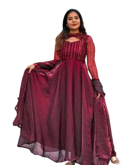 Silk Heavy Embroidery Sequence Work Long Anarkali Kurti With Pant and Dupatta Set For Women  (Maroon (XL)