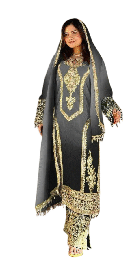 Chinon Silk Embroidery Straight Pakistani Salwar Suit and Dupatta For Women -Black (L)