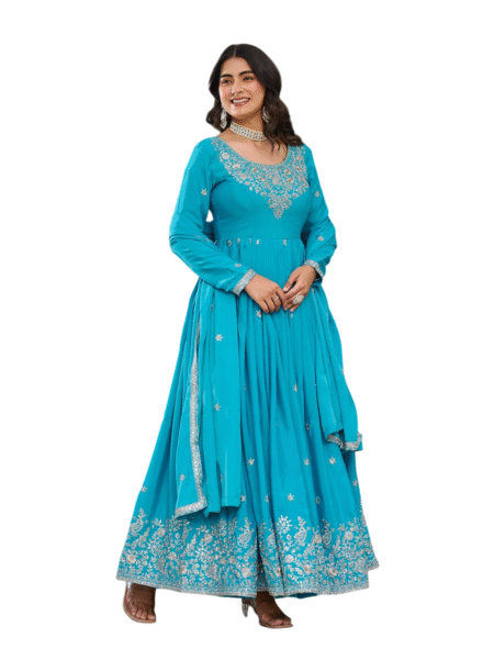 American Silk Sequence Embroidery Long Anarkali Kurti Gown With Dupatta -Aqua Blue (M)