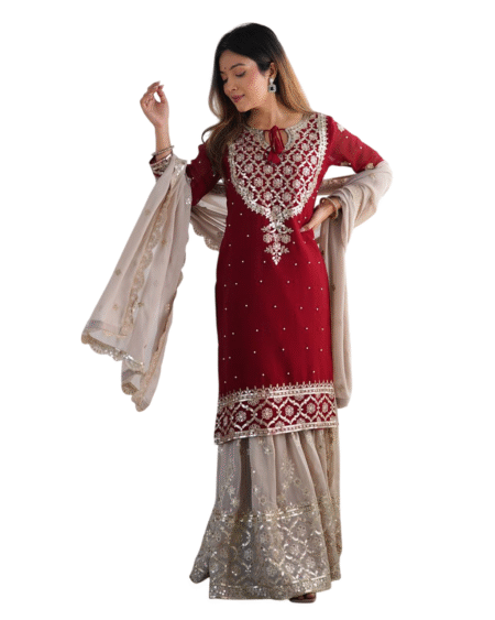 Faux Georgette Sequins Embroidered Straight Kurta With Sharara Suit and Dupatta Set For Women  (Maroon (M)
