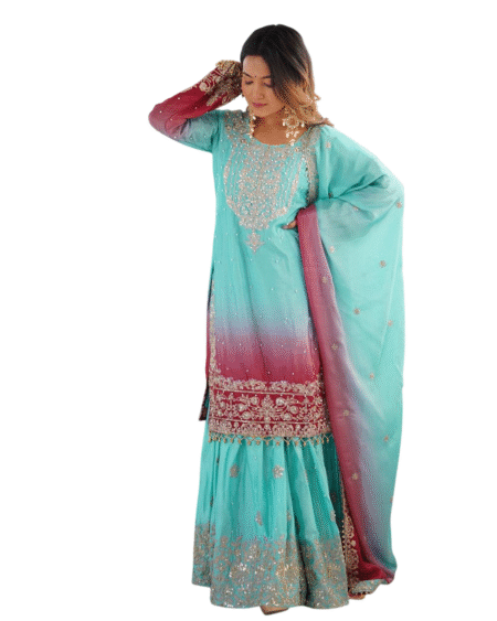 Chinon Silk Sequence With Rivet Moti Work Straight Kurta With Sharara and Dupatta Set For Women  (Light Sky Blue (M)