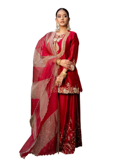 Chinon Silk Sequence Embroidery Work Straight Kurti With Sharara Suit and Dupatta Set For Women -Red (M)