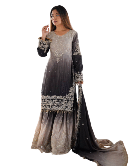 Chinon Silk Sequence With Rivet Moti Work Straight Kurta With Sharara and Dupatta Set For Women -Black Grey (XL)