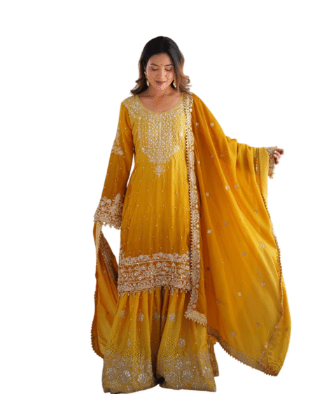 Chinon Silk Sequence With Rivet Moti Work Straight Kurta With Sharara and Dupatta Set For Women -Yellow (XL)