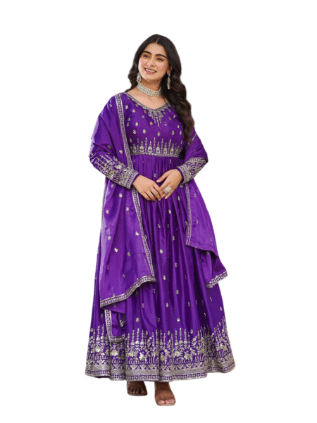 American Silk Sequence Embroidery Long Anarkali Kurti -Gown) With Dupatta For Women -Purple (M)