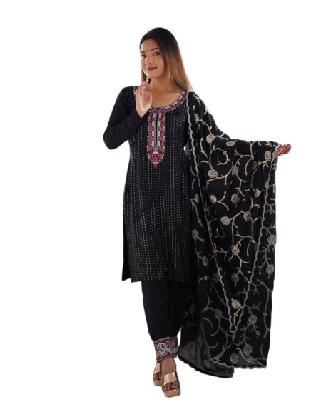 Chinon Silk Sequence And Thread Work Straight Kurti With Pant and Dupatta Set For Women -Black (L)