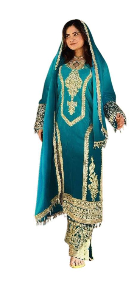 Chinon Silk Embroidery Straight Pakistani Salwar Suit and Dupatta For Women -Aqua Blue (L)