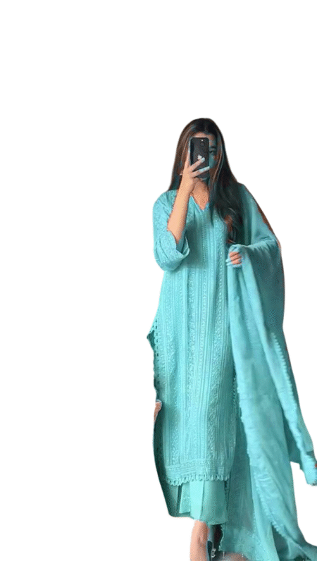 Chinon Silk with Cotton Thread Embroidery Straight Kurti With Pant and Dupatta Set For Women -Sky Blue (XL)