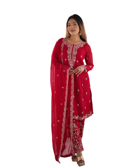 Georgette Embroidery Straight Kurti with Pant And Dupatta Set For Women -Red (XL)